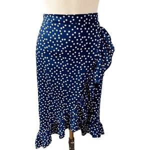 BLUE RAIN Faux Wrap Skirt Women’s SIZE XS Navy/White Polka Dot Ruffle Stretch